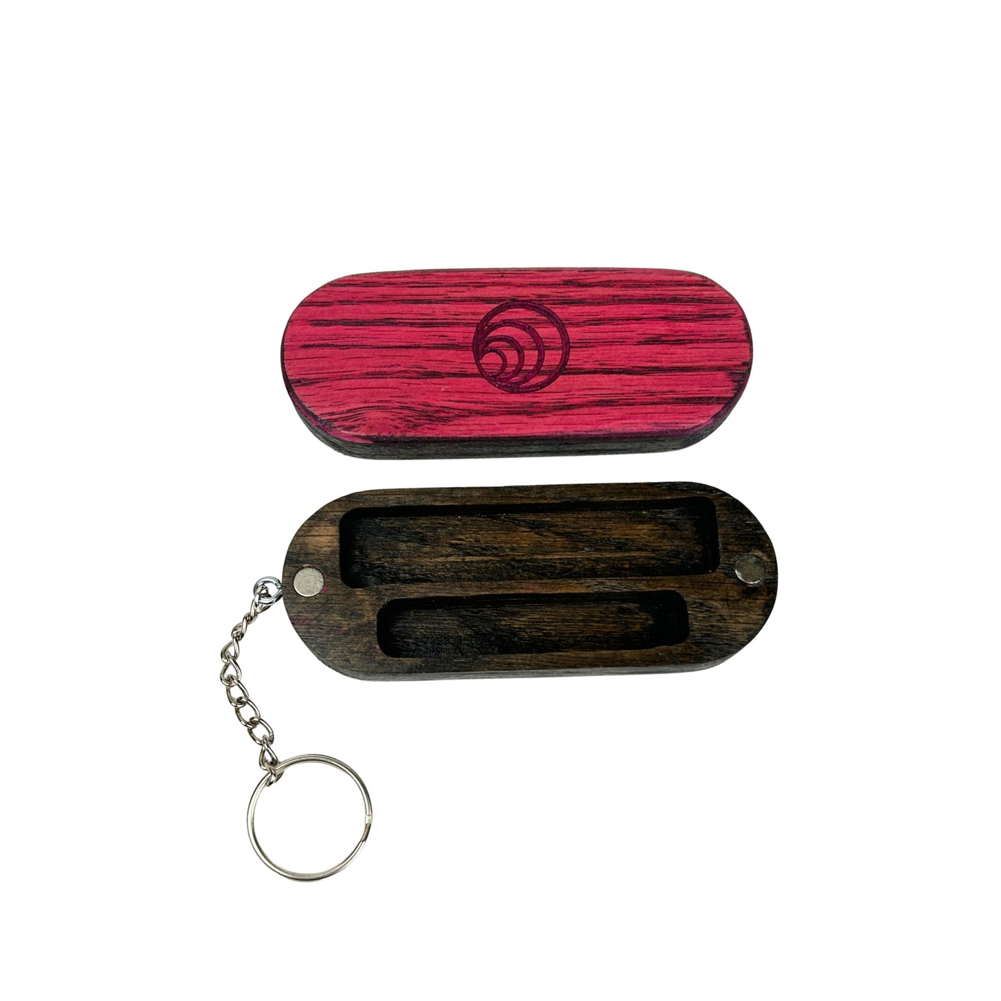 Wooden keychain with pink and black design on a white background
