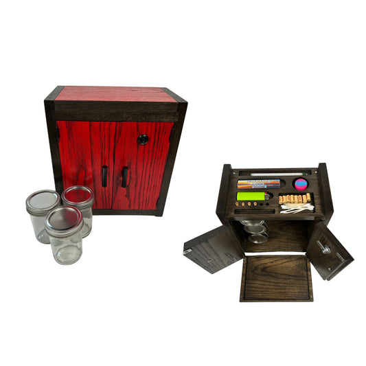 A handcrafted cabinet designed for Storage Organization, featuring a bold red and black finish with jars neatly arranged inside.