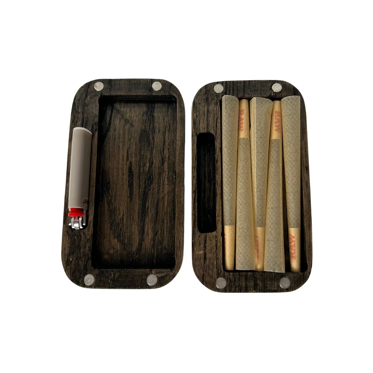 A handcrafted oak pre-roll holder designed as Travel Accessories, neatly storing pre-rolls and a mini lighter in one compact case.