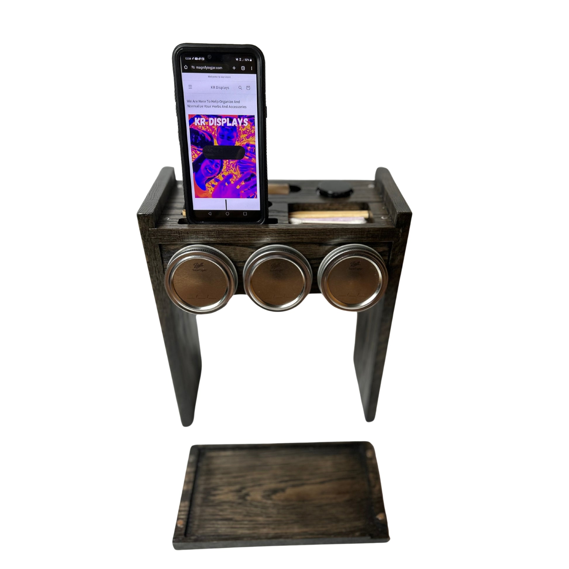 Handcrafted oak Un Stash Box with removable lid, hidden storage, and rolling tray for pre-rolls and tools.