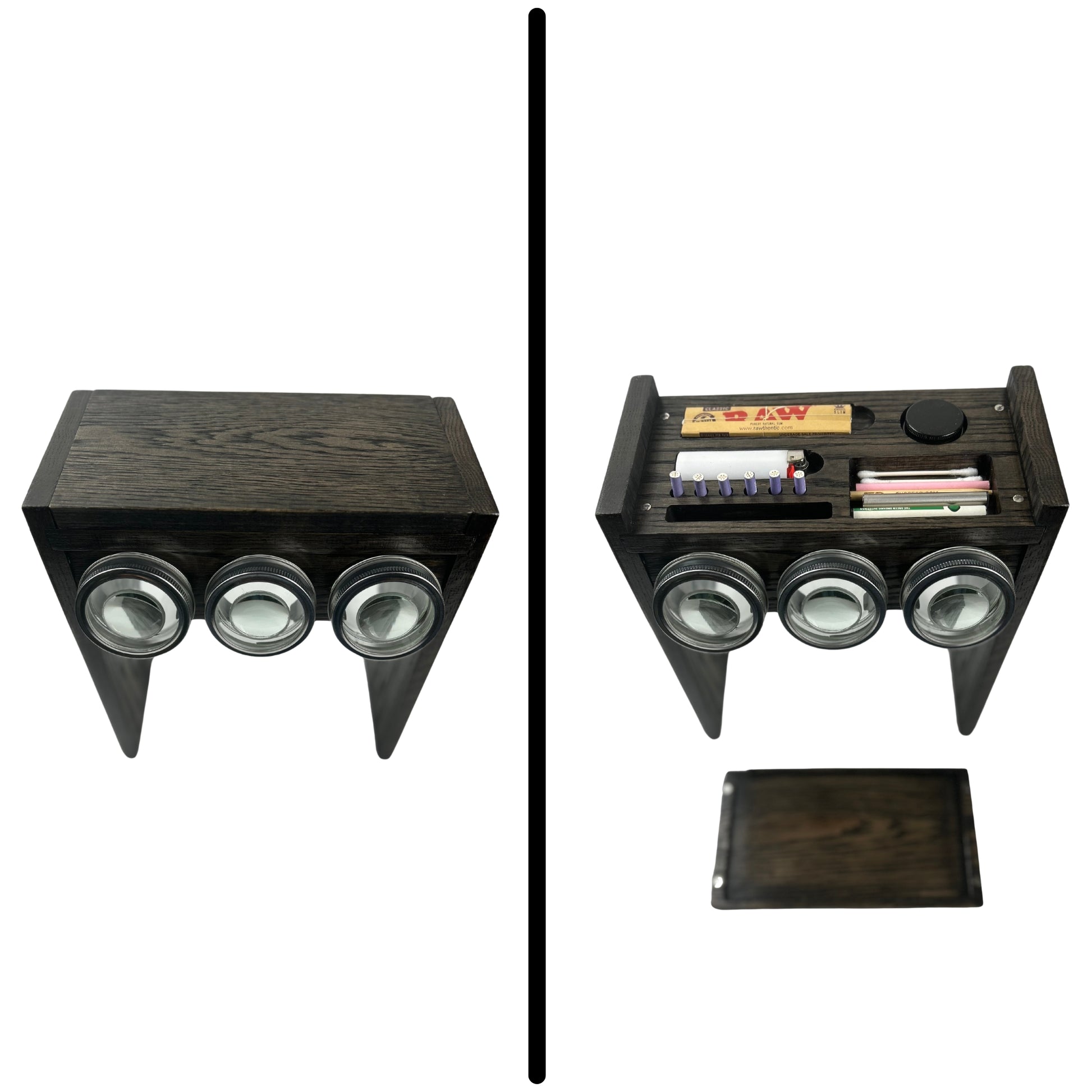 Black Wooden Un Stash Box - Front View: A sleek, handcrafted black wooden stash box, with a smooth finish, designed to organize and display herbs and accessories.