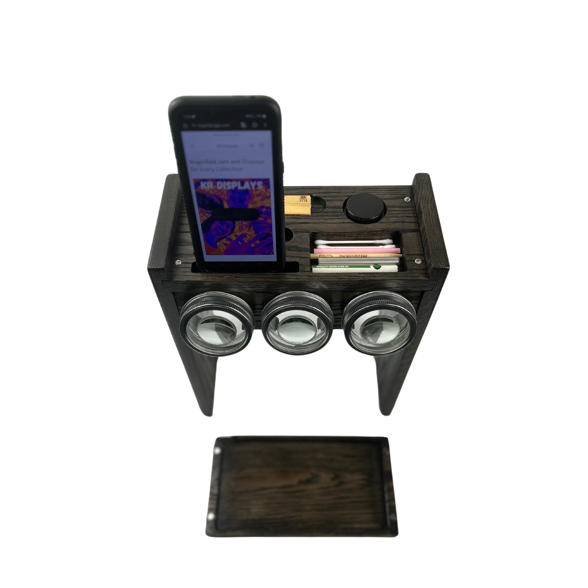 Un Stash Box - Open Lid with Contents: The Un Stash Box with its lid open, revealing three 8oz magnifying mason jars, a concentrate jar, a rolling tray, and an LED motion detection light.
