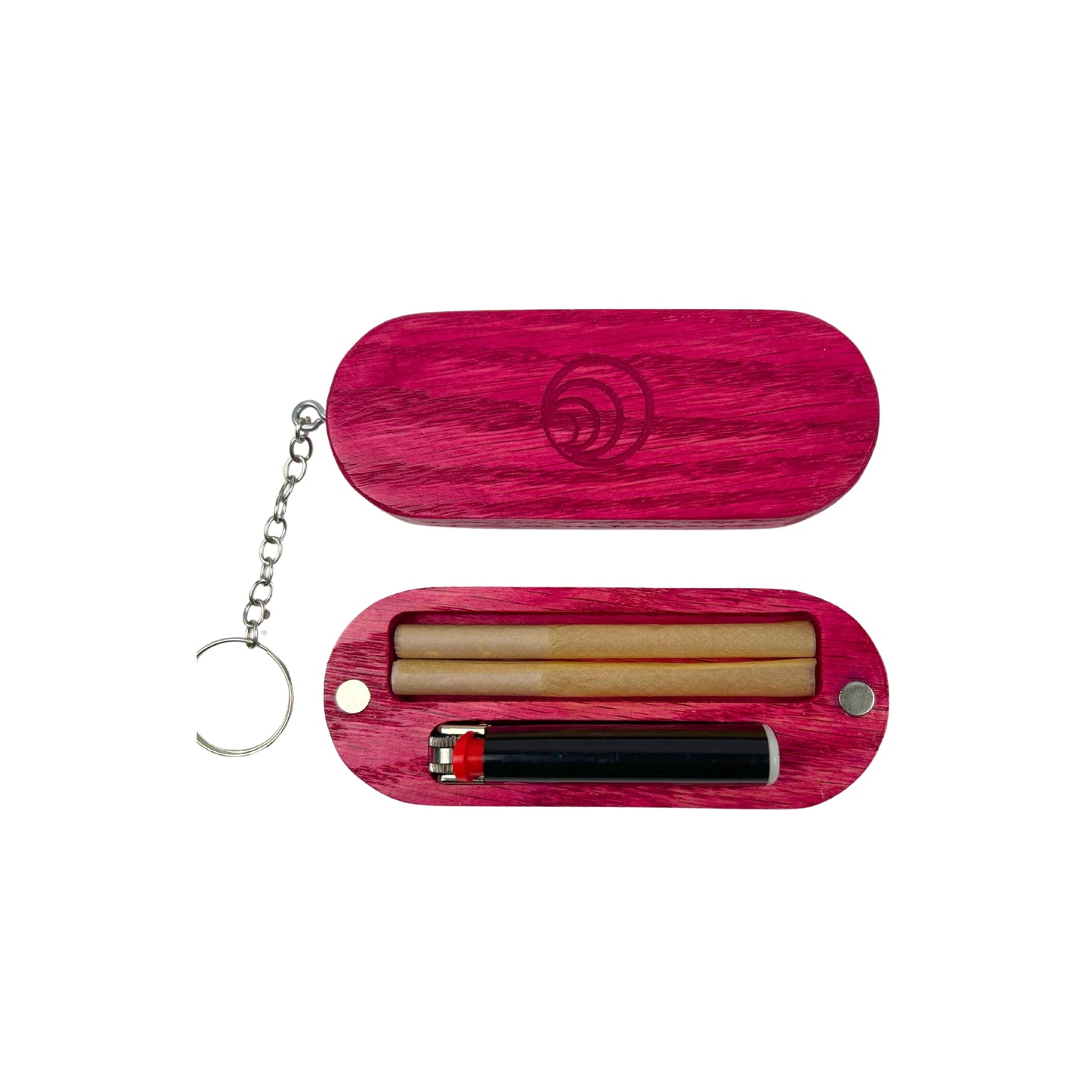 Open keychain case revealing neatly stored pre-rolls and a snug compartment for a mini lighter.