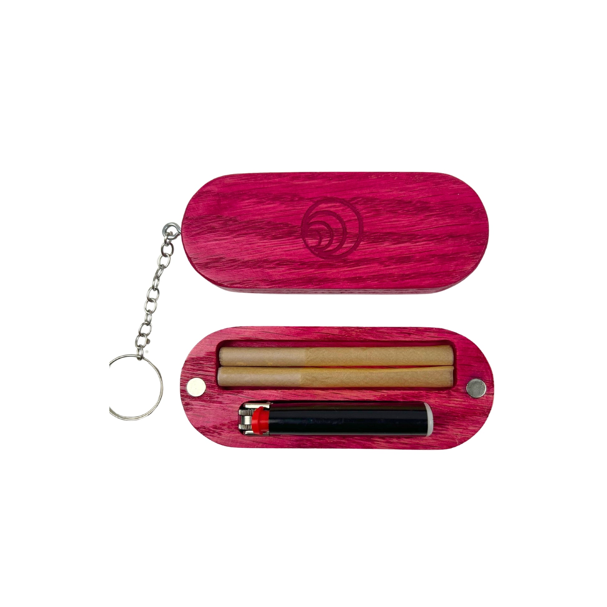 Open keychain case revealing neatly stored pre-rolls and a snug compartment for a mini lighter.